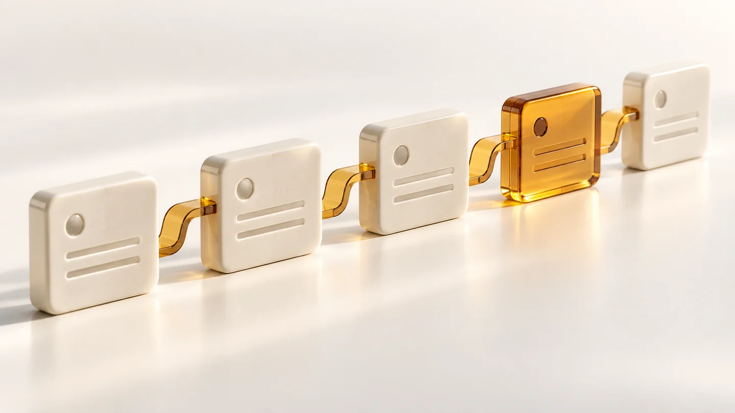 A sequence of ivory ledger tiles connected by an amber ribbon, with a highlighted checkpoint.
