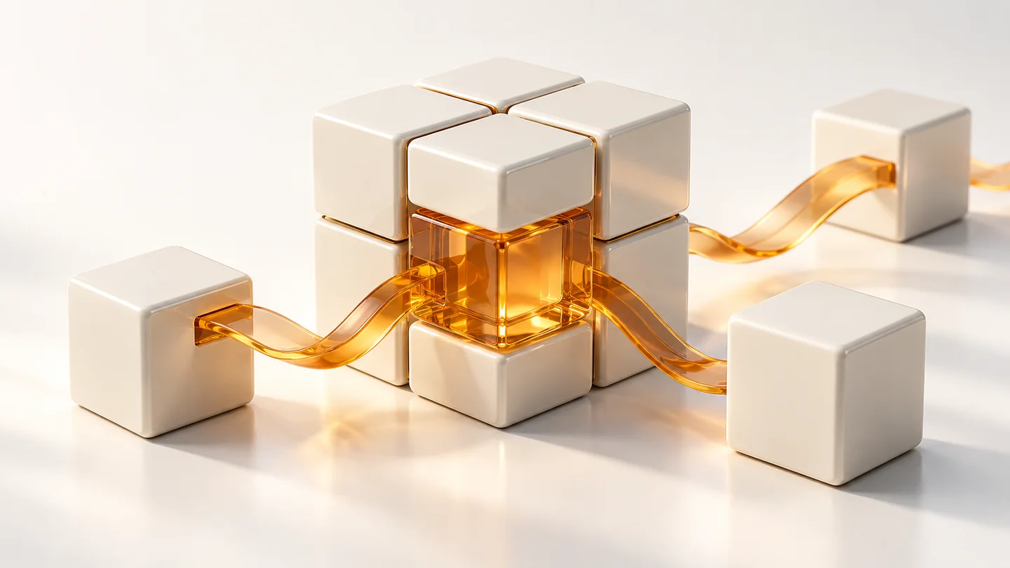 Ivory building blocks connected by an amber ribbon, with one amber module at the center.